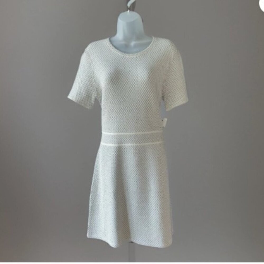 Theory Fit and Flare Sweater Dress Cream with Black/Grey Texture Size Large Soft